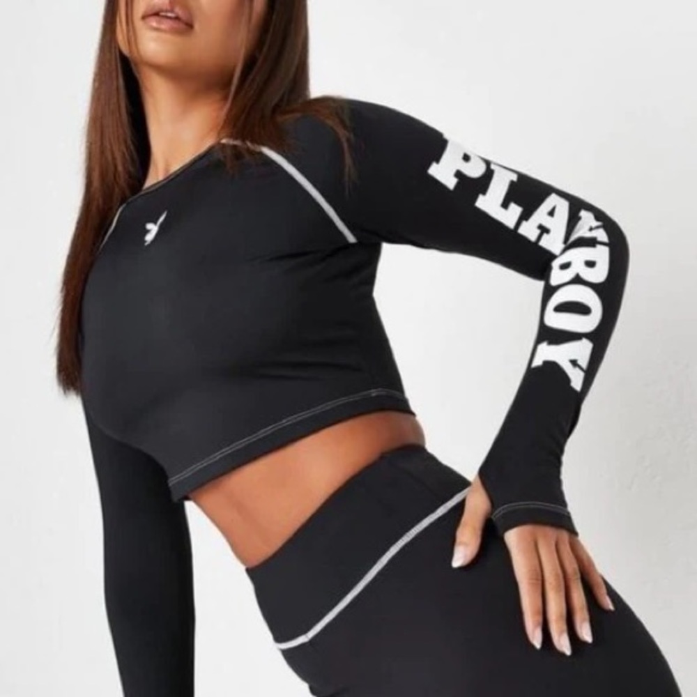 playboy x Missguided Recycled Black Long Sleeve Crop Gym Top